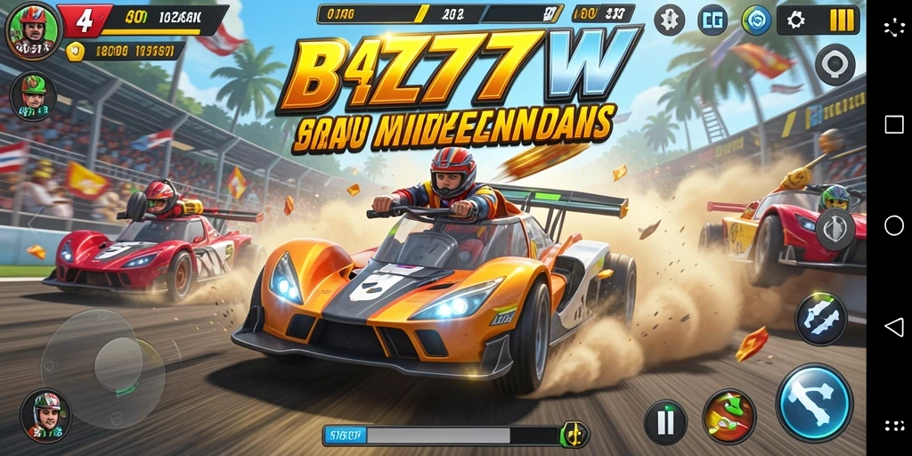 Screenshot utama 7777W menampilkan aksi balapan penuh kecepatan.