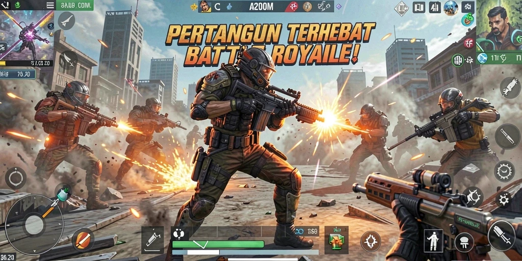 Gameplay A200M yang penuh aksi di arena Battle Royale.