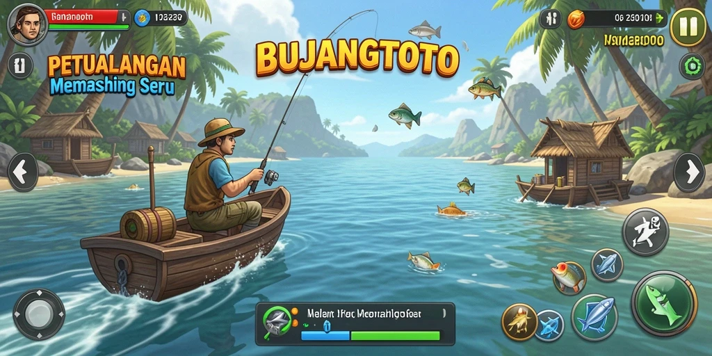 Screenshot gameplay BUJANGTOTO menampilkan aksi memancing seru di alam terbuka.