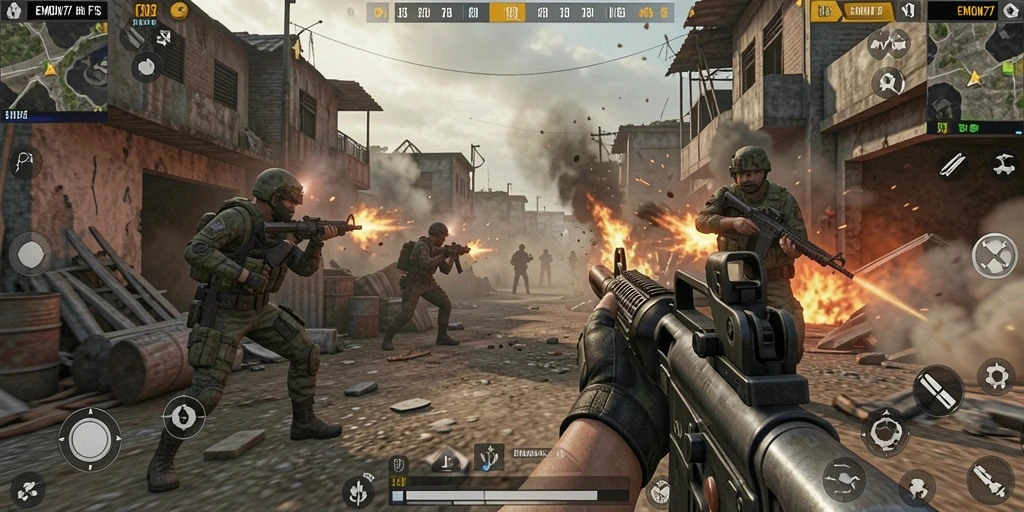Tampilan gameplay FPS intens di EMON77 dengan pertempuran menegangkan.