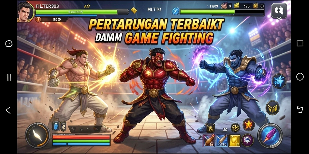 Tampilan aksi dari FILTER303 saat karakter bertarung dengan intens.