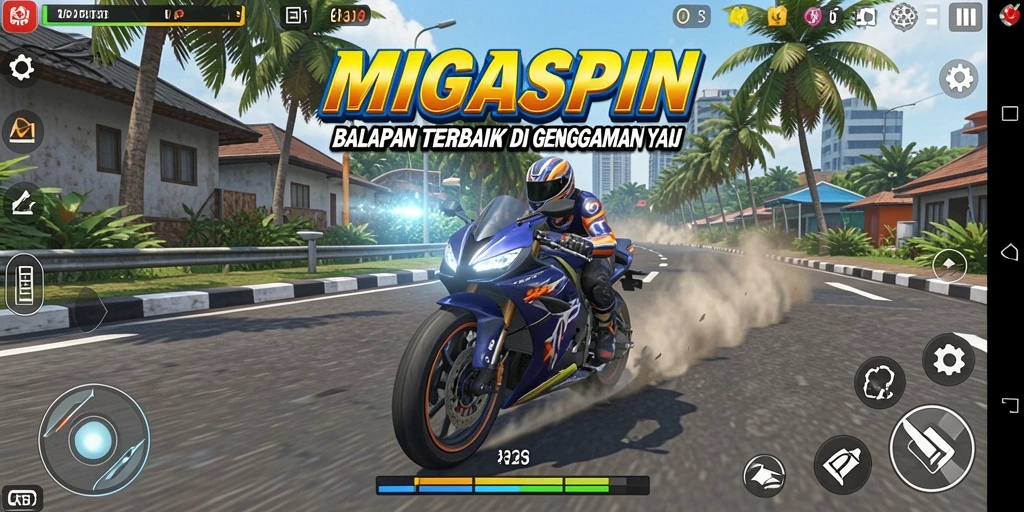 Screenshot gameplay MIGASPIN yang menampilkan balapan motor seru.