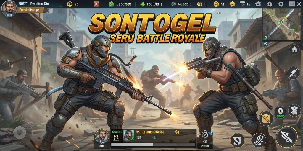 Screenshot gameplay SONTOGEL menampilkan pertarungan intens di arena Battle Royale.