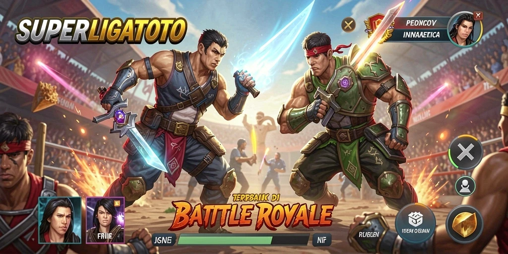 Tangkapan layar utama SUPERLIGATOTO menampilkan aksi seru gameplay Battle Royale.